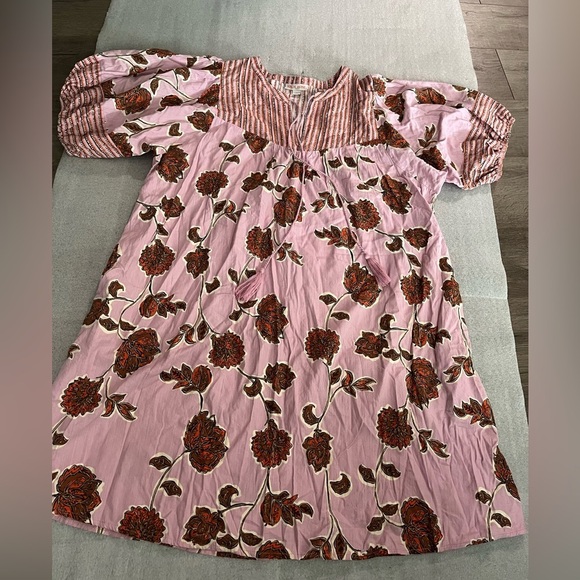 [L] Knox Rose Pink Floral Striped Short Sleeve Boho Peasant Shift Dress - Picture 3 of 9